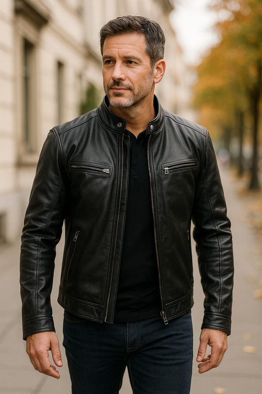Męska kurtka skórzana – zapięcie na zamek błyskawiczny i stójka