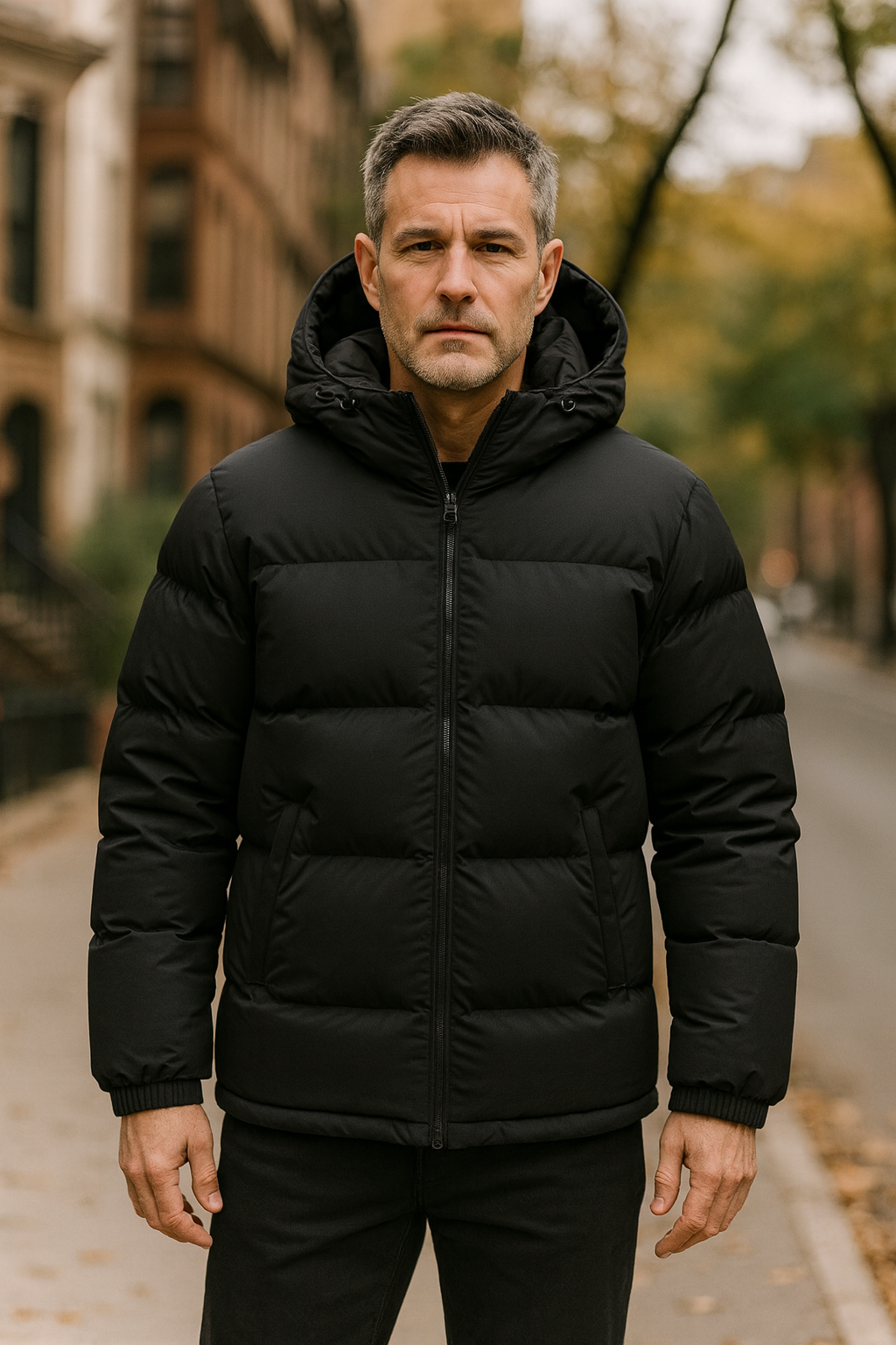 Męska kurtka puchowa – płaszcz z kapturem i zamkiem błyskawicznym z przodu