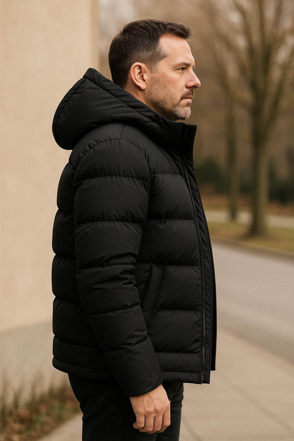 Męska kurtka puchowa – płaszcz z kapturem i zamkiem błyskawicznym z przodu