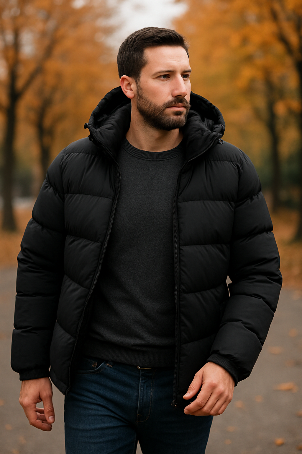 Męska kurtka puchowa – płaszcz z kapturem i zamkiem błyskawicznym z przodu